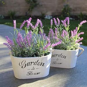 Butterfly Craze Artificial Lavender Plants in Rustic Wooden Planters - Lifelike, Stunning Faux Silk Purple Flowers Perfect for Elevating Your Patio, Home Décor, or Office (Set of Two), White Pots