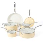 Martha Stewart Lockton Premium Nonstick PFA Free Ceramic Interior 10 Piece Enamel Heavy Gauge Aluminum Pots and Pans Cookware Set - Butter Cream