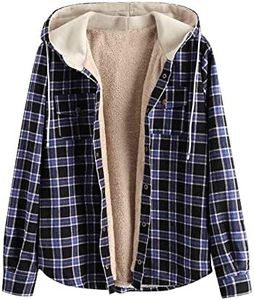 ZAFUL Men's Casual Plaid Fleece Jacket Unisex Men Drawstring Hooded Coat Fuzzy Hoodie Blue XL