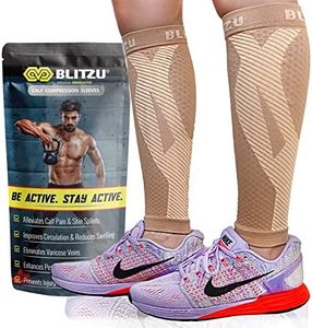 BLITZU Calf Compression Sleeves for Men and Women. Footless Compression Socks Support for Varicose Vein, Nursing, Running. Leg Sleeve Brace for Shin Splints, Pain Relief & Reduces Swelling Nude S-M