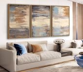 Large Framed Wall Art - Natural Float Framed Colorful Canvas Pictures for Living Room Decor Contemporary Blue Beige Grey Lines Artwork for Bedroom Kitchen Home Office Decoration 120 X 60cm Set of 3