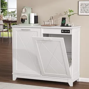 BOXACTION Double Tilt Out Trash Can Cabinet with Charging Station, Negative Ion Odor Control, Hidden Dual 10-Gallon Recycling Cabinet, Dog Proof Garbage Can for Kitchen, Laundry, Dining Room,White