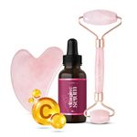 Rose Quartz Roller & Gua Sha Set with Vitamin C Serum - 100% Real & Natural - Body & Face Roller Massager for Skin Tightening, Wrinkles & Fine Lines - Face Rollers for Women & Men - Skincare Gift Sets