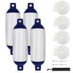 VEITHI Boat Fenders 4 Pack, Ribbed Twin Eyes Vinyl Boat Fender, Boat Bumpers for Docking, Come with Ropes, Needles and Pump to Inflate (6.5x23inch)- White/Blue