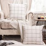 Basic Model Set of 2 Plaid Throw Pillow Covers Modern Farmhouse Decorative Square Linen Pillow Case for Sofa Couch Bed 18 x 18 Inch Beige and Black