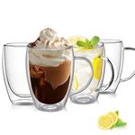 350ML Double Walled Glass Coffee Mugs, Cappuccino Latte Macchiato Glasses Cups, Set of 4 Clear Glass Coffee Mugs with Handle, Insulated Layer Coffee Cups, for Milk, Tea Bag, Juice, Ice Cream