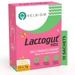 Velbiom Lactogut Kidz Probiotics Powder For Kids Easy To Consume Probiotics For Children Gut Health, overall wellness and immunity Vegan - 1g*10 Sachets (Orange Flavour)