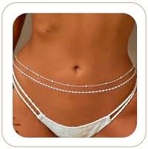 MOODEAR 925 Sterling Silver Waist Chain for Women – Double 2PC Belly Bead Body Chain Belt, Spacer Beads & Lip chain Design, Waterproof Summer Beach Jewelry for Bikini, Dress & Vacation
