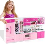 SOCBTNSO 64 PCS Pink Kitchen Toys with Lights Sounds|Mini Kitchen House Furniture Sets for Kids Ages 4-8|Doll Playset Toys for Toddlers 3-5|Birthday Gifts for 3 4 5 6 7 8 Old Girls
