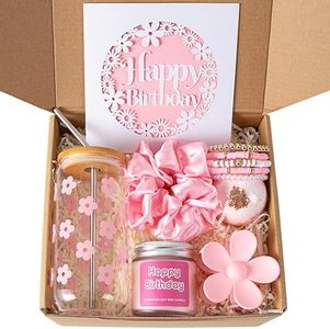 MiniCauliSprout Birthday Gifts For Women, Teen Girl, Girl, Her, Happy Birthday Gift Box For Girl, Women, Sister, Daughter, Friends, Cute Daisy Aesthetic Glass Cups Gift Set 7pcs, 16oz, Pink
