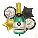 ITAF Set Of 5 Pcs Anniversary / Birthday / Bachelorette & Cocktail Party Theme Decoration Kit For Boys Girls - 1 Green Champagne Bottle , 2 Printed Happy Birthday To You Round Foil Balloons , 1 Gold and 1 Black Star Foil Balloons