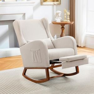 AYEASY Rocking Chair Nursery Glider Chair with Foot Rest, Nursery Rocking Chairs with Rubber Wood Legs Side Pocket, High Back Nursing Chair, Accent Rocker Arm Chair Baby Bedroom, Living Room, Beige