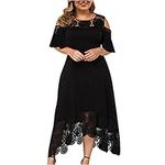 AMhomely Women Dresses Clearance Plus Size Ladies Sexy Ruffle Strapless Splicing Lace Splicing Short Sleeve Dress UK Size Black