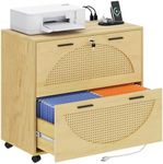 YITAHOME Rattan File Cabinet with Charging Station, 2 Drawer Filing Cabinet with Lock, Wood File Cabinet with Wheels, Fits A4, Letter, Legal Size Files