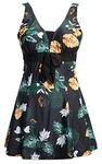 ECUPPER Ladies One Piece Swimdress Plus Size Bathing Suit Beachwear Swimming Costume Dress with Boy Shorts Black Flower XL