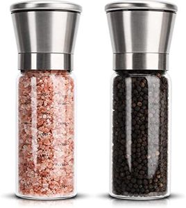 Keyloland Salt and Pepper Grinder Set of 2 Packs, Stainless Steel Pepper Grinder, High Strength Glass Sea Salt and Pepper Shakers with Adjustable Coarseness Mills, Refillable Pepper Mill