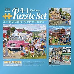 Bits and Pieces - 4-in-1 Multi-Pack 500 Piece Jigsaw Puzzles for Adults - 500 pc Village Memories Puzzle Set Bundle by Trevor Mitchell - 16" x 20" (41cm x 51cm)