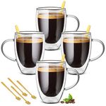 Cappuccino Glass Mugs, (Set of 4) 350ml Double Walled Espresso Mug Cups Glass Mug Set with 4 Golden Spoon, Drinking Coffee Cups with Handle, Clear Glass Mugs for Latte, Cappuccino, Tea Bag, Juice