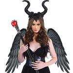 Black Fallen Angel Wings Devil Horns Headband Headpiece Witch Cane Halloween Malificent Costume Accessories for Women (Black)