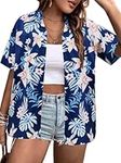 IN'VOLAND Women Hawaii Shirts Soft Cool Floral Tropic Print V Neck Summer Tops Short Sleeve Button Up Tops T-Shirt