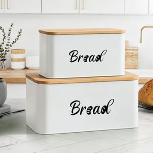 Metal Bread Box Set of 2 with Bamboo Lid, Modern Bread Storage Containers with Air Vents, Bamboo Cutting Board Lid, Farmhouse Kitchen Decor Organizer for Countertop, 2-Size (Large & Small)White