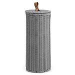 Woodluv Round Handwoven Polypropylene Lidded Toilet Roll Holder, Loo Roll Keeper, Storage Organiser, Storage Basket With Lid, Freestanding Unit, For Home, Bathroom - Grey, Dia. 18cm x 40 cm (H)