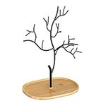 Navaris Metal Jewellery Tree Stand - Organiser Hanger Display Holder with Wooden Dish Base to Store Necklaces, Bracelets, Rings, Accessories - Large