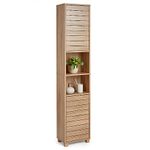 VonHaus Tall Bathroom Cabinet – Oak Wood Effect Bathroom Tallboy w/Slatted Design - Tall Bathroom Storage w/ 2 Handleless Cupboard Doors, 5 Internal & 2 Open Shelves - for Kitchen & Hallway - Chester