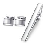 HONEY BEAR Cufflinks Tie Clip Set for Mens - Rectangle Stainless Steel Silver, for Business Wedding Gift (Style 2 Without Box)