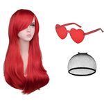 AOMIG Long Wavy Red Wigs, 3 Pack Long Red Wigs Set with Sunglass & Wig Cap, Charming Full Long Curly Hair Wig with Bangs, 28 Inch Anime Cosplay Party Synthetic Wig for Women Girls