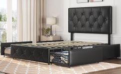 Costoffs Black 4FT6 Double Bed Frame Upholstered Platform Bed with Adjustable Headboard-Base Only No Mattress Included/Wood Slat Support/No Box Spring Needed/4FT6 Double(135cmX190cm)-4 Storage Drawers