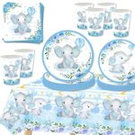 69Pcs Blue Elephant Party Tableware Set,Paper Party Dinnerware Set for Baby Shower with Plates,Tablecloth,Napkins,Cups,Cartoon Table Decorations for Kid's Birthday,Baby,Party Supplies for 16 Guests
