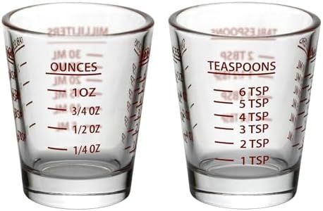 Versatile Heavy-Duty Glass Measuring Shot Glasses - Easy Read for Cooking, Espresso, and Medicine, 1 Ounce, 6 Teaspoons, 2 Tablespoons, 30Milliliters, Dishwasher Safe, 2-Pack