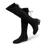 Hawkwell Women's Thigh High Fashion Boots Over The Knee Low Flat Heel Boots,Black Faux Suede,8 M US