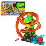 Hot Wheels Toy Car Track Set, City T-Rex Blaze Battle Playset & 1:64 Scale Die-Cast Vehicle, 18” Tall, Multiple Race Outcomes, Spinning Dinosaur Eyes, JBM73
