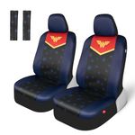 BDK Warner Bros DC Comics Wonder Woman Car Accessories Seat Covers - Front Pair Includes Removable Head Cover, Matching Seat Belt Pads, Side Airbag Compatible, Universal Fit, Waterproof