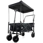 GardenTek Folding Trolley Cart on Wheels, Festival Wagon for Camping Garden Beach Shopping Outdoor with Brakes, Canopy and Side Box 90kg Load 120L Capacity