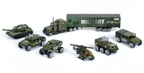 BELOXY 7 in 1 Die Cast Metal Army Military Vehicle Play Toy Team Truck Including Cargo Truck Container, Battalion Jeep, Army Tank, Fire Truck Toys Set for 3+ Year Children - Any One Pattan (Green)