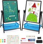 Kids Art Easel Double-Sided Whiteboard Chalkboard Iron Easel 26inch-43inch Height Adjustable Foldable Standing Easel 360° Rotating Painting Easel with Bonus Letters and Numbers Accessories(Black)