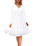 Zattcas Women 2024 Short Sleeve Summer Dress V Neck Smocked Waist Casual Flowy A Line Tiered Work Midi Dresses, Long Sleeve-- White, L