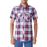 JMBONHEUR Men's Western Cowboy Pearl Snap Buttons Plaid Short Sleeve 2 Pockets with Pen Holder Lightweight Casual Shirt (Red Navy #12, XL)