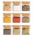 Jinelza Airtight clear glass storage canister with wood lid food storage container jar with sealing bamboo lid for kitchen storage and multipurpose use (220ML SQUARE JAR, 3 PCS)