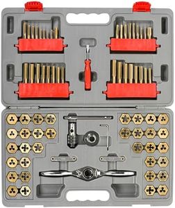 ARES 10079-76-Piece Master Ratcheting Tap and Die Set – Metric and SAE Sizes for Creating and Repairing Screw Threads – Titanium Coated Finish - Reversible Ratchet Makes Turning Threads Simple