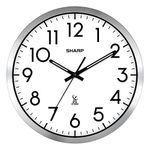 SHARP Atomic Analog Wall Clock - 12" Silver Brushed Finish - Sets Automatically- Battery Operated - Easy to Read - Easy to Use– Modern Design and Style