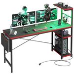 Bestier 61 Inch Gaming Desk with Power Outlets, Large LED Gamer Desk with Reversible Shelves, PC Gaming Table with Headset Hook & Side Storage Bag for Bedroom (Black 3D Carbon Fiber)