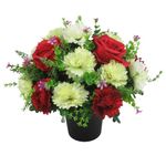 Grave arrangement 26cm (10.5 inches) in grave pot/vase with red roses, and chrysanthemums