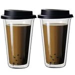 2PCS Insulated Coffee Mug with Lid, 12oz Double Walled Glass Coffee Tumbler, Reusable Clear Coffee Cups, Dishwasher Safe Glass Travel Mug for Hot or Cold Drinks