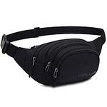 Waterproof Bum Bag Waist Fanny Packs 4 Zip Pockets Travel Hiking Outdoor Sport Running Belt Holiday Doggy Bag Money Hip Pouch (Black)