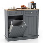 COSTWAY Sideboard with Trash Bin Hamper, Rubber Wood Top Tilt-out Trash Cabinet, Freestanding Storage Cupboard Unit for Kitchen Laundry, No Trash Can (Grey)