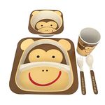 Mitchkee Kids Bamboo Fiber Dinnerware Set Cartoon Animal Shape Divided Plate Healthy Meal Plate Set Childrens Reusable Cutlery Set BAP Free Eco Friendly and Dishwasher Safe Pack of 5 Monkey Face